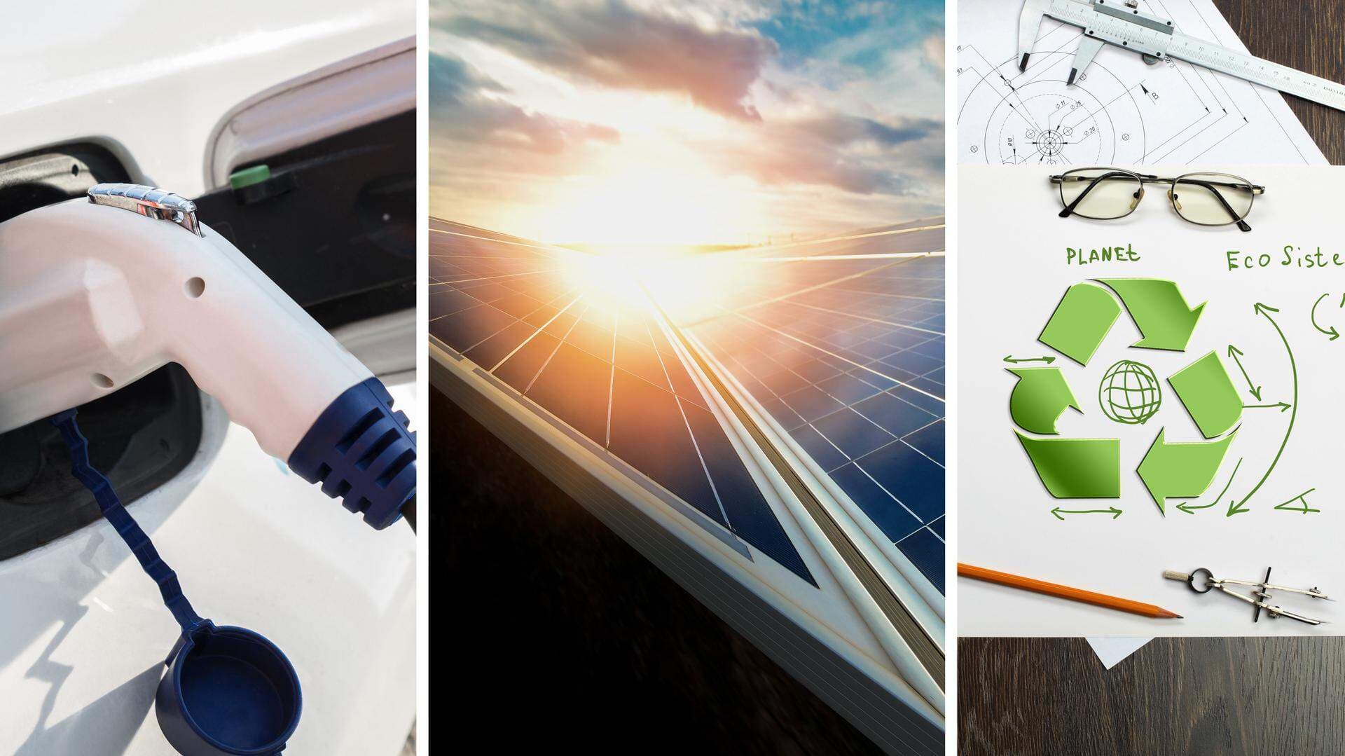 Bildkollage: Elbilsladdning, solpaneler och en arbetsskiss.