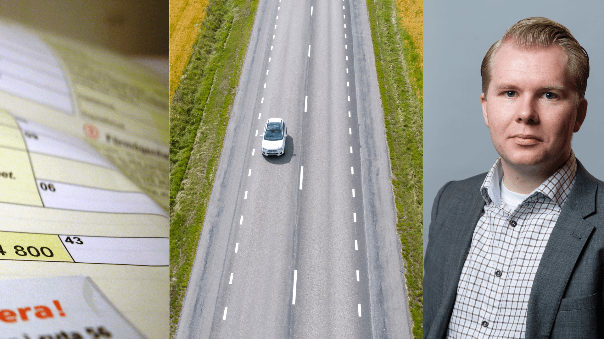 Bildkollage: Deklarationsblankett, bil på landsväg och porträtt Tony Gunnarsson