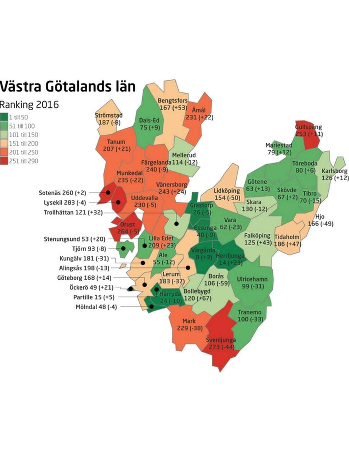Västra Götalands län kommunkarta ranking 2016