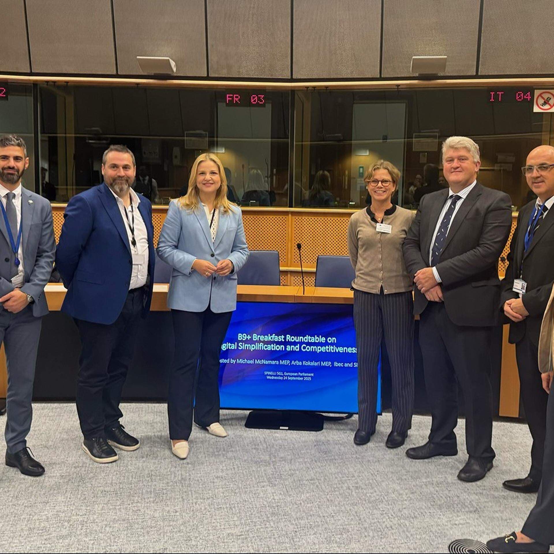 Giorgos Mavroyiannis, Competitiveness Attaché, Erik O’Donovan, Ibec, Arba Kokalari MEP, AI Act WG member, Carolina Brånby, SN, Michael McNamara MEP, AI Act WG co-chair, Michalis Nicolaides, Financial and General Affairs Counsellor, Permanent Representation of Cyprus to the EU (incoming Council Presidency), Jolanta Jaworska, President, Association of Digital Technology Employers Lewiatan (B9+ Group representative).