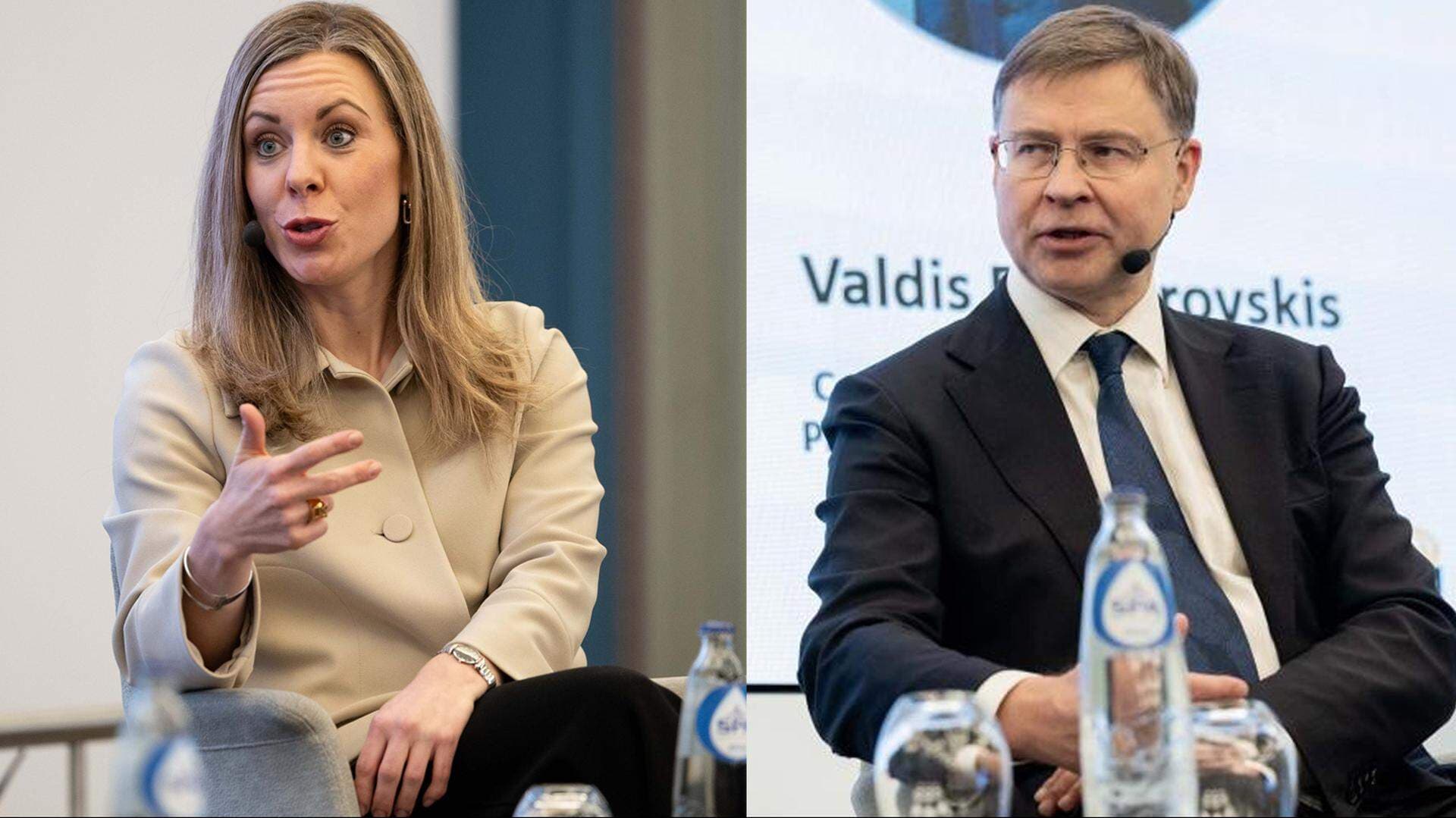 Göran Grén, avdelningschef företagsjuridik, EU-minister Jessica Rosencrantz och EU-kommissionär Valdis Dombrovskis.