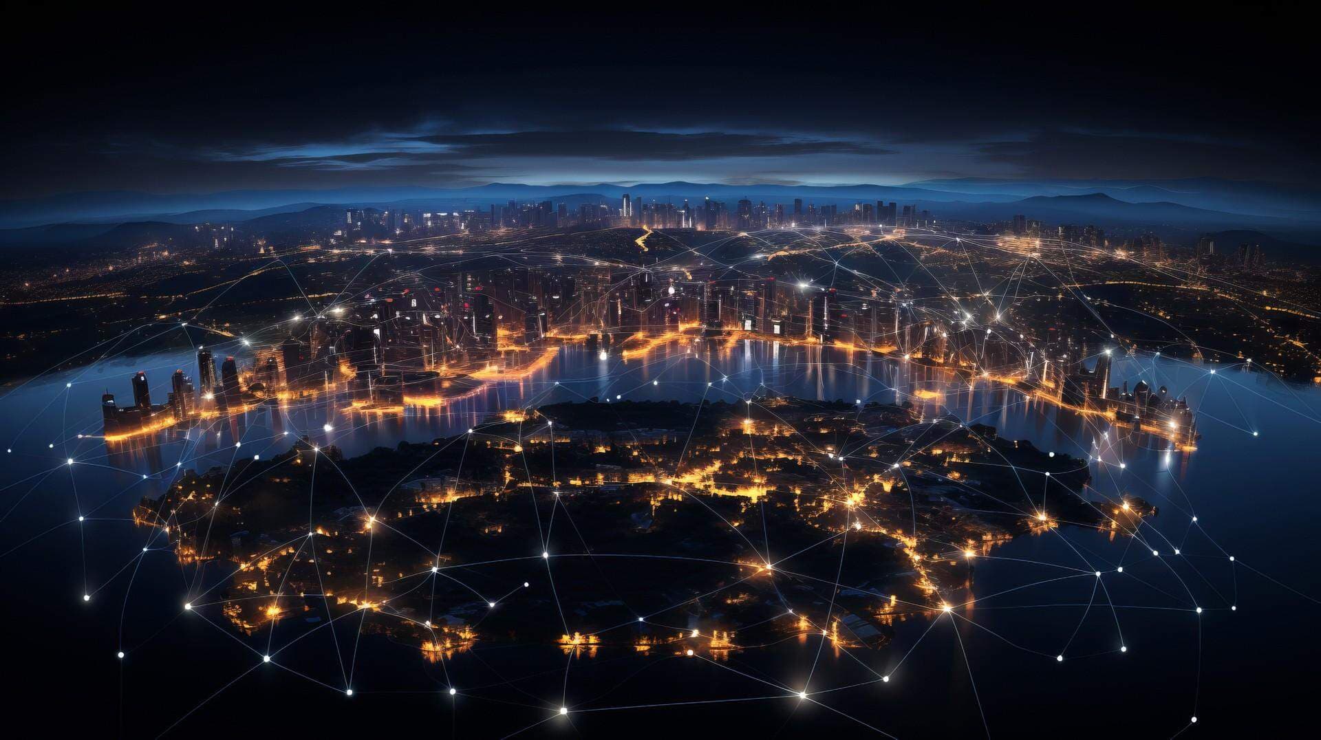 Flygfoto över stad i mörker med ett grid med lysande punkter i förgrunden.