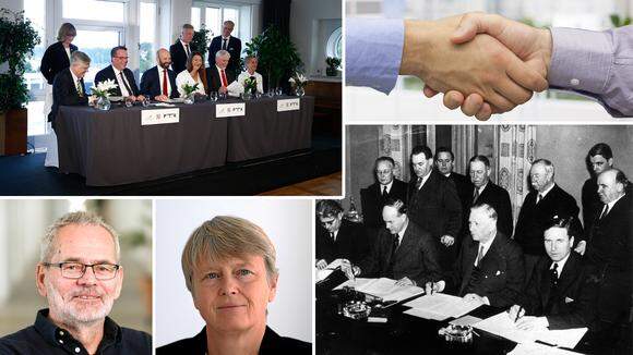 Övre vänstra hörnet: Det nya huvudavtalet undertecknas i Saltsjöbaden i juni 2022. På bilden syns Martin Wästfelt, Camilla Frankelius, Martin Linder, Mattias Dahl, Susanna Gideonsson, Tommy Andersson, Torbjörn Johansson, Bengt Johansson och Beata Hammarskiöld. Nedre högra hörnet: Saltsjöbadsavtalet undertecknas 20 december 1938. På bilden syns Gunnar Andersson, August Lindberg, J Sigfrid Edström, Gustav Söderlund, Oscar Karlén, Hilding Molander, Arnold Sölvén, Wiking Johnsson, Carl J Malmros, Nils Holmström och Ivar O Larsson. Nedre vänstra hörnet: Anders Ferbe och Irene Wennemo.