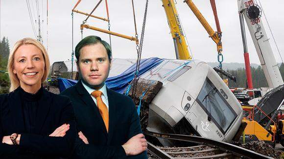 Nils Paul och Marie Trogstam framför ett urspårat tåg