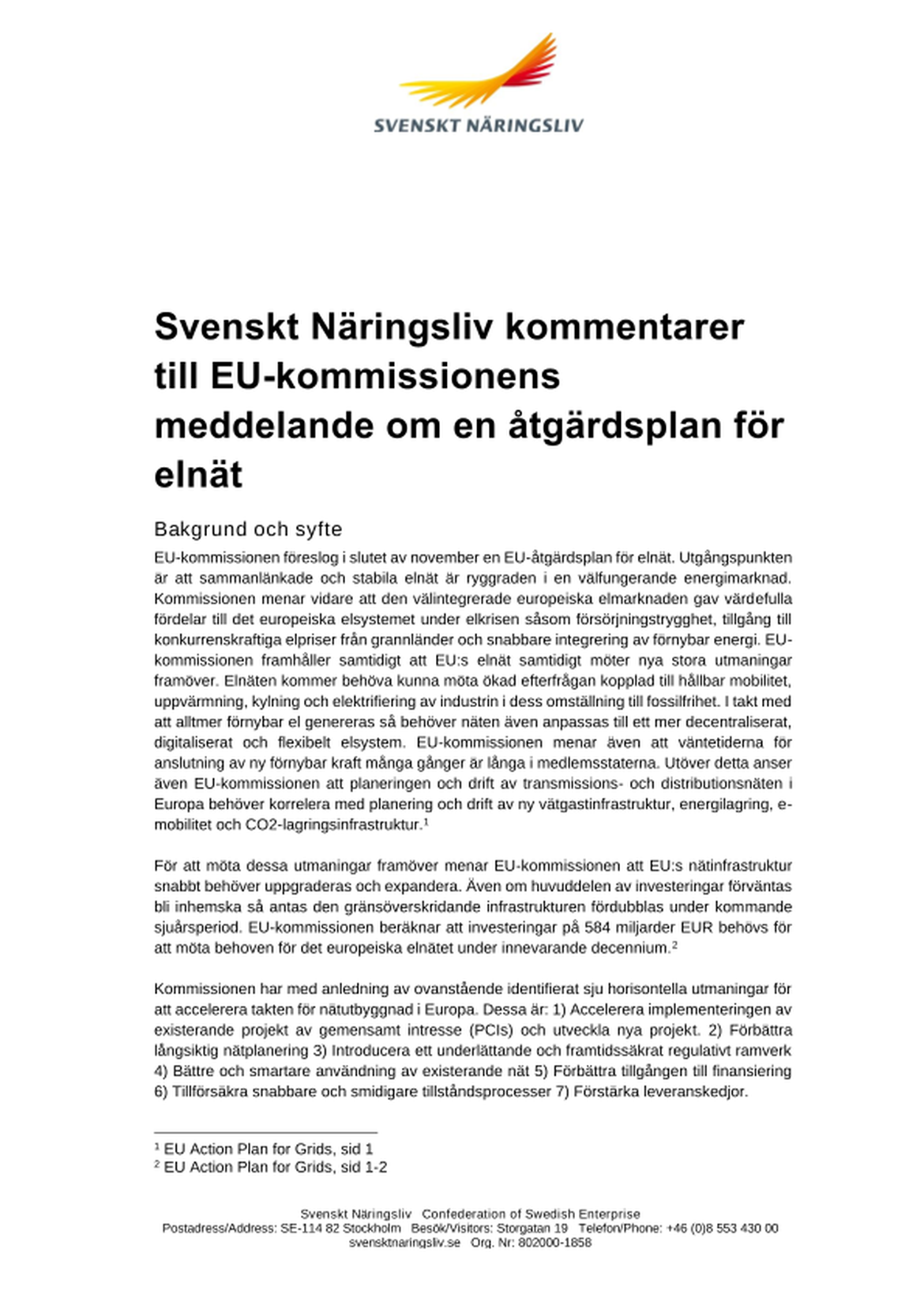 Svenskt Näringslivs kommentarer till EU-kommissionens åtgärdsplan för elnät  