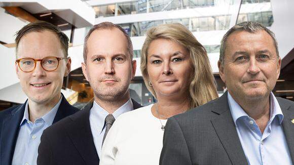 Mats Persson, utbildningsminister (L), Emil Görnerup, forskningspolitisk expert på Svenskt Näringsliv, Ulrika Wallén, högskolepolitisk expert, Svenskt Näringsliv, Stefan Bengtsson, rektor på Chalmers tekniska högskola. 