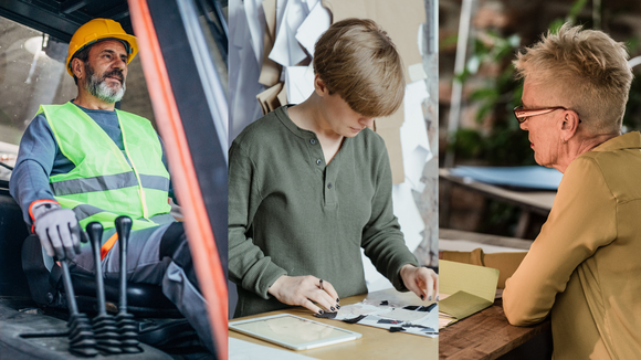 Kollage tre personer som arbetar