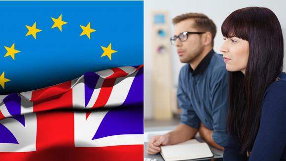 Kollage EU:s och brittiska flaggan samt två företagare