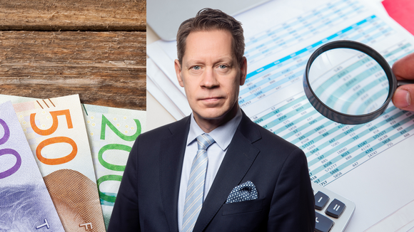 Bildcollage med porträtt av Johan Fall samt sedlar i bakgrunden
