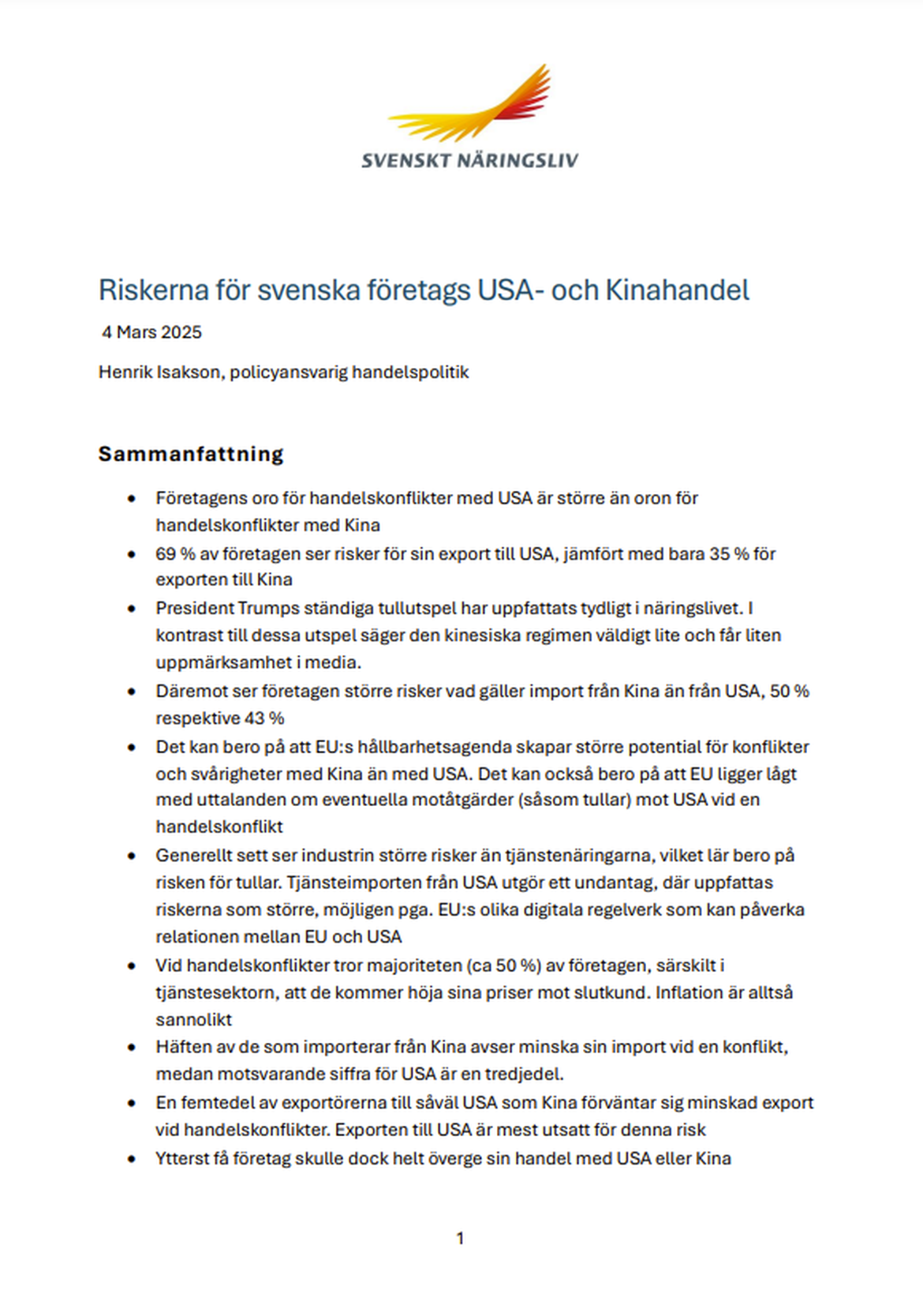 Svenska företags oro för handeln med USA och Kina